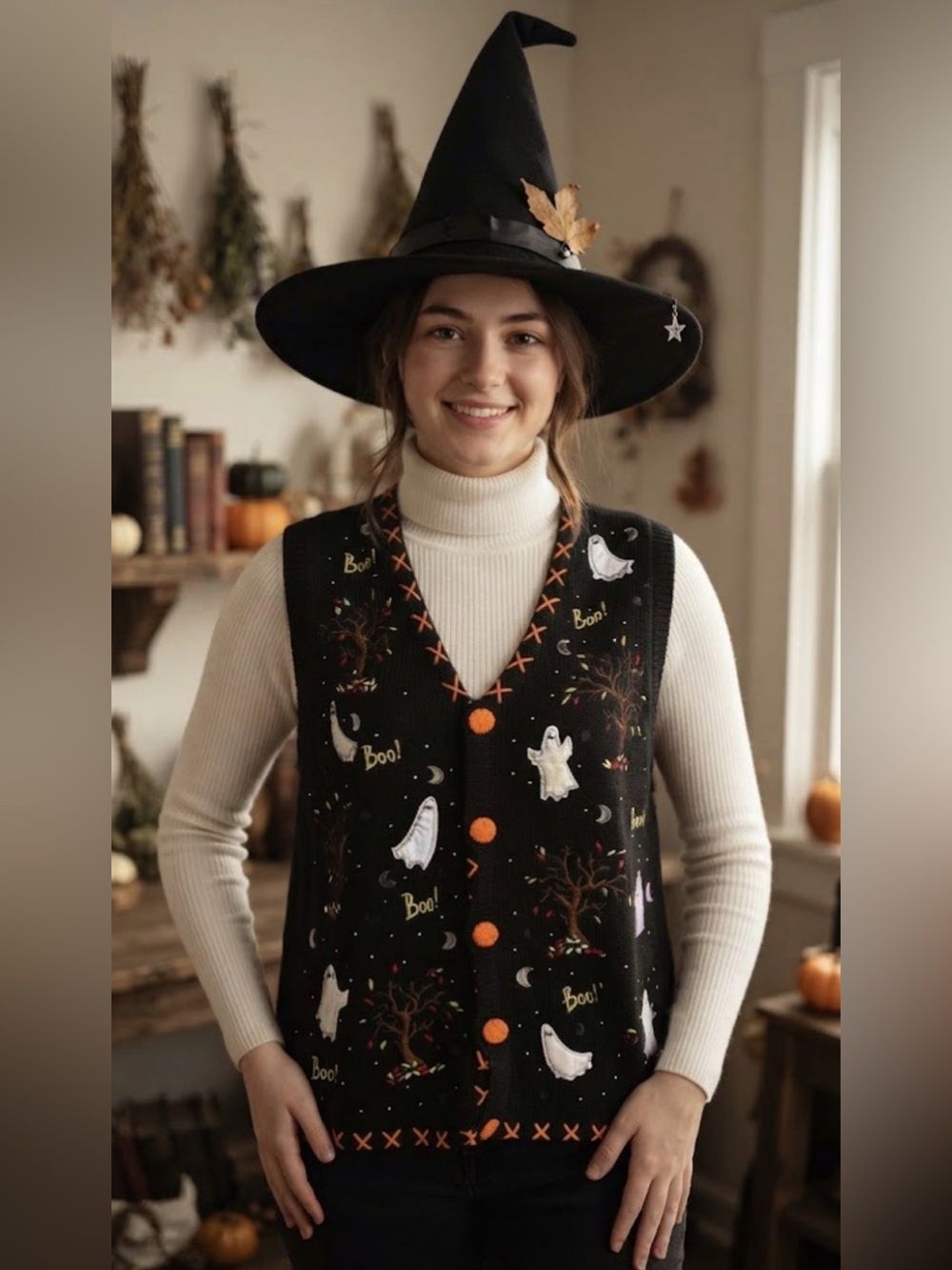 Basic Editions Vintage Black Cotton Halloween Embroidered Ghost Vest Medium